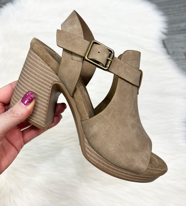Morgen Taupe Stacked Open Toe Heels