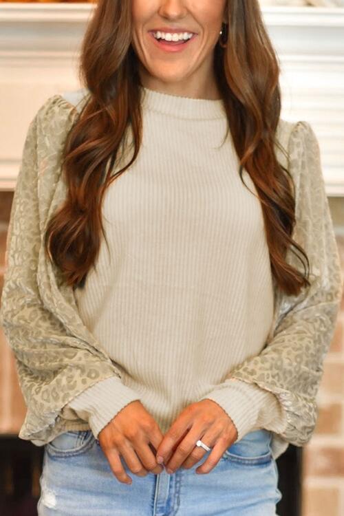 {ONLINE ONLY} Leopard Sleeve Ribbed Knit Blouse